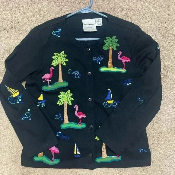 Y2K Michael Simon Cardigan Sweater Large Black Embroidered Flamingo Palm Tree S - Picture 1 of 8